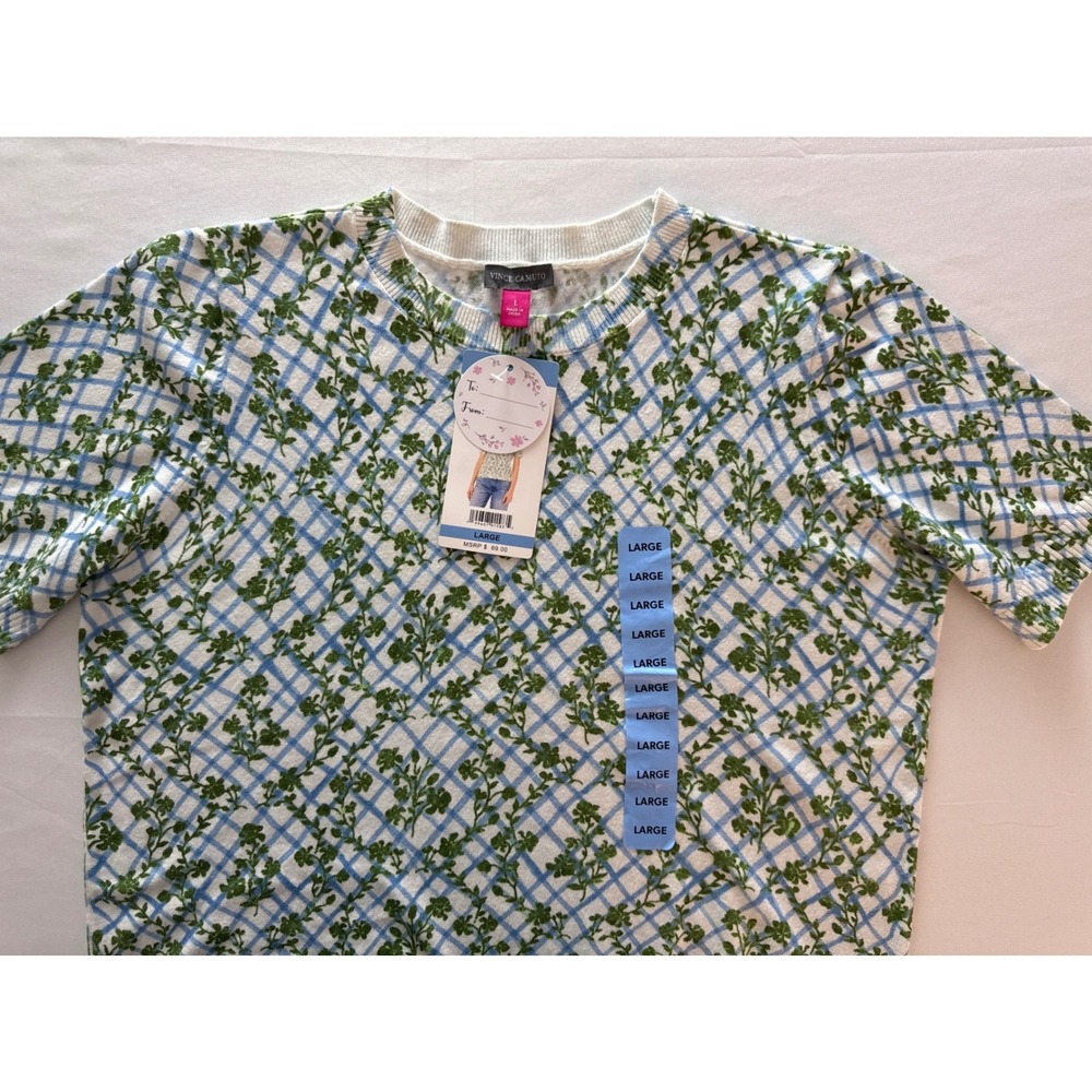 Vince Camuto Womens Green Multi Floral Grid Short Sleeve Sweater Large NWT